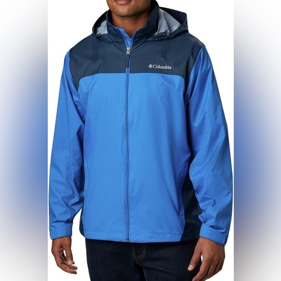 Columbia Glennaker Lake Blue Men’s Rain Jacket With Pack Away Hood Windbreaker - Picture 1 of 9